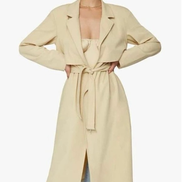 NWT WeWoreWhat Danielle Bernstein Long Trench Coat Stretch Crepe Taupe - XS - Picture 2 of 4